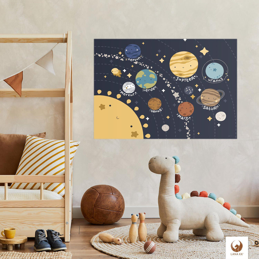 Weltkarte für Kinder präsentiert liebevolles Lern-Poster für Kinder zum Thema Weltall und Unsere Planeten.