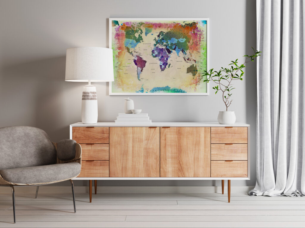 Deine Weltkarte perfekt passend in deinen Raum platzieren, wähle dein Wandbild passend zu deiner Wandfarbe aus. 