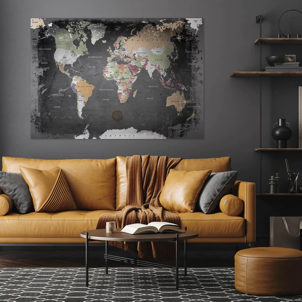 Blechschild Pinnwand Weltkarte Graphit von Lana KK als magnetische Weltkarte-Pinnwand für das Markieren all deiner Reisen und Erfolge. Pinne alles, was du noch sehen möchtest und Erinnerungen die du niemals vergessen möchtest, deine einzigartigen Momente. Reise-Weltkarte für deine persönliche Pinnwand. 