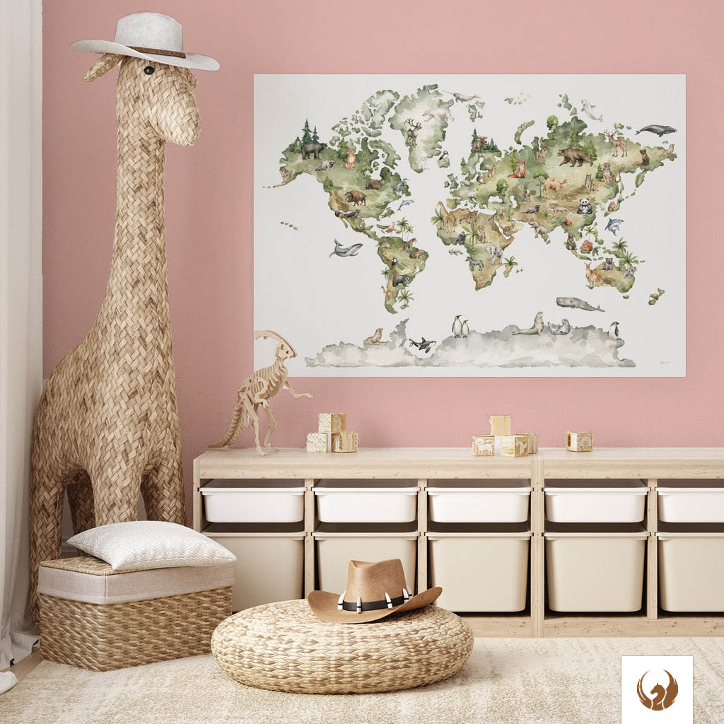 Weltkarte Tierwelt als Poster für dein Kinderzimmer in schicker orange-rosa Wandfarbe. Bring mehr Farbe in dein Leben und schau wie viel Energie diese dir gibt, für deine Raumgestaltung.