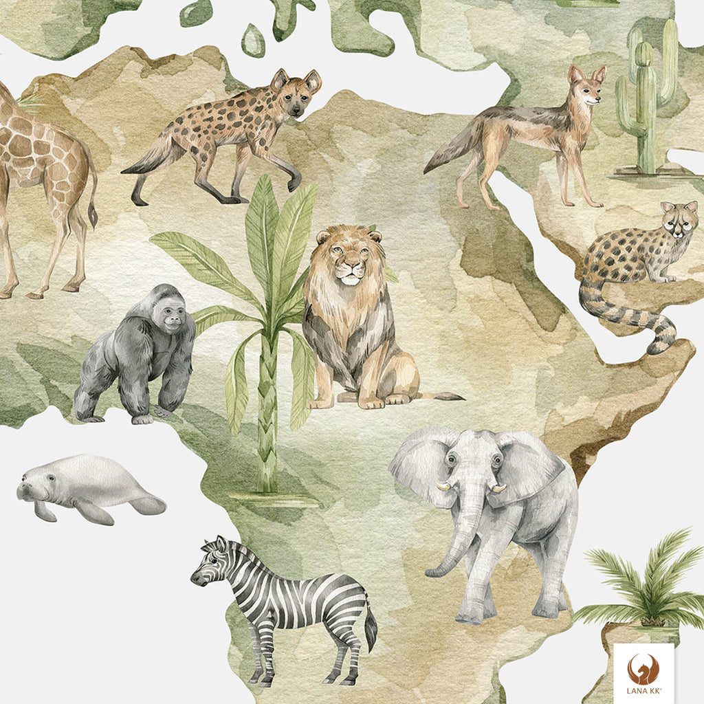 Weltkarte Tierwelt für Kinder zum spielerischen Entdecken der Natur und des Tierreiches. Hier die detaillierten gestalteten Grafiken der Tiere im Aquarellstil.  