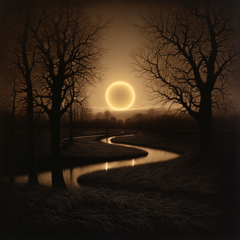 Magie der Erde - die Sonnenfinsternis, hier sieht man eine schwarze Sonne mit einem hellen Ring über der Landschaft, da der Mond die Sonne komplett verdeckt.