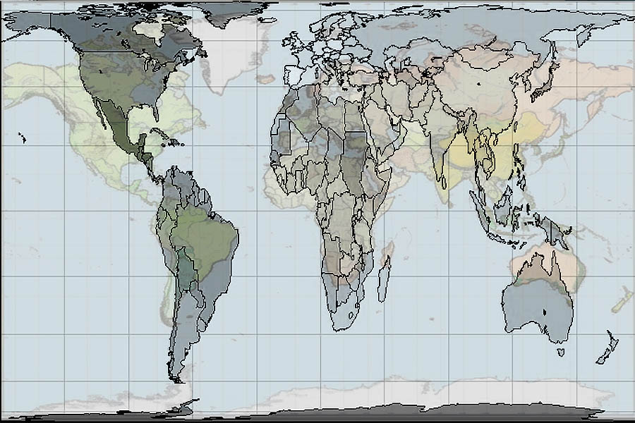 Gall-Peters-Projektion in sw - dahinter eine Variante der Mercator-Projektion in bunt 