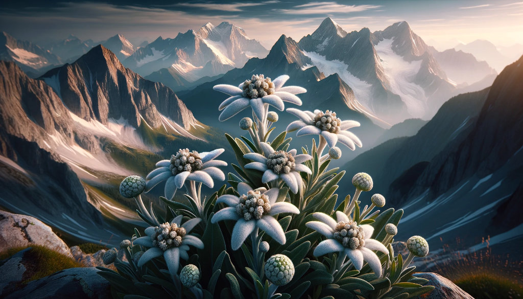 Alpen-Edelweiß (Leontopodium nivale) im wunderschönen Bergwelt Panorama. Eine seltene Schönheit der hohen Luftebenen der Berge.