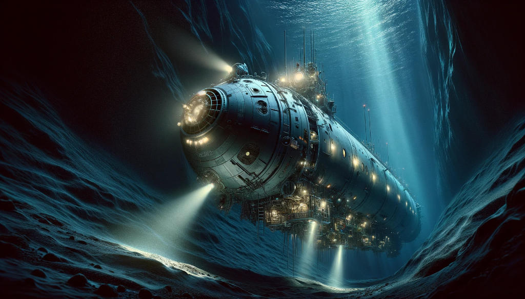 Das Tauchboot "Deepsea Challenger" in der dunklen und unerforschten Tiefe des Marianengrabens zeigt. Das U-Boot, ein Meisterwerk der Technik, konstruiert aus robustem Titan, widersteht den enormen Druckverhältnissen, die mehr als 1.000 Mal höher sind als an der Meeresoberfläche. Die Szene fängt den Moment ein, in dem das U-Boot, umgeben von der tiefen Dunkelheit und der stillen Majestät des Ozeans, langsam in den tiefsten bekannten Punkt der Erdoberfläche hinabsinkt. Das spärliche Licht, das von den Scheinwerfern des U-Boots ausgeht, enthüllt die faszinierenden Strukturen und Texturen des Meeresbodens, während es sich mutig in dieses unbekannte Terrain vorwagt. Diese Darstellung soll die Grenzen der menschlichen Entdeckung und die technischen Fortschritte hervorheben, die es ermöglichen, die geheimnisvollen Tiefen unserer Ozeane zu erkunden, und dabei den unerschütterlichen Entdeckergeist der Menschheit demonstrieren.
