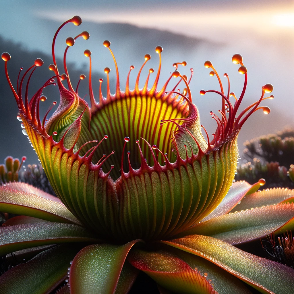 Nahaufnahme der endemischen fleischfressenden Pflanze Heliamphora auf der Spitze eines Tepui, mit leuchtenden Farben und Tautropfen, die im morgendlichen Licht glänzen, was ihre evolutionären Anpassungen an die nährstoffarme Umgebung hervorhebt.